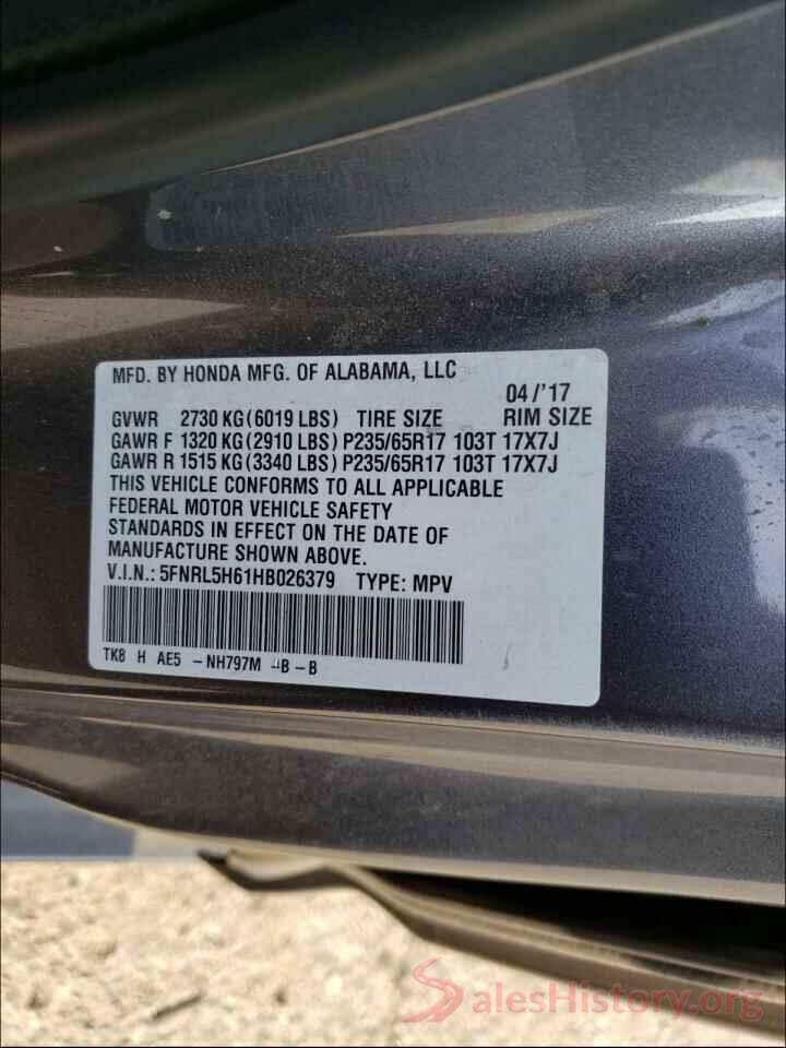 5FNRL5H61HB026379 2017 HONDA ODYSSEY