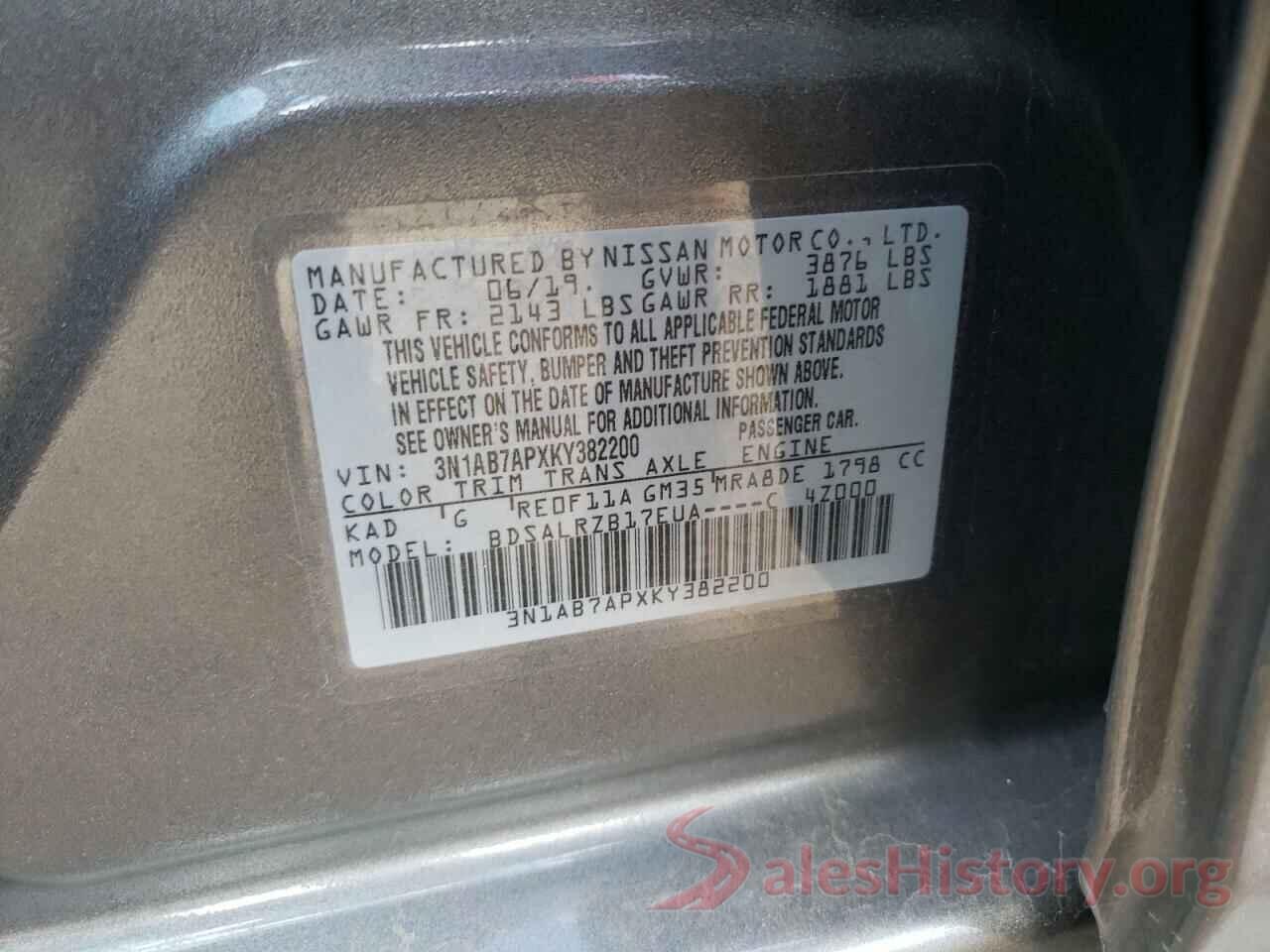 3N1AB7APXKY382200 2019 NISSAN SENTRA