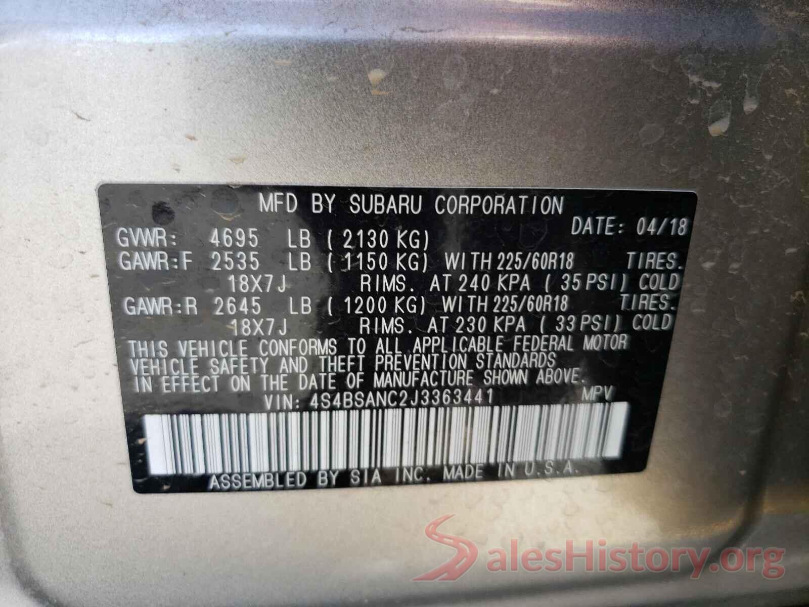 4S4BSANC2J3363441 2018 SUBARU OUTBACK