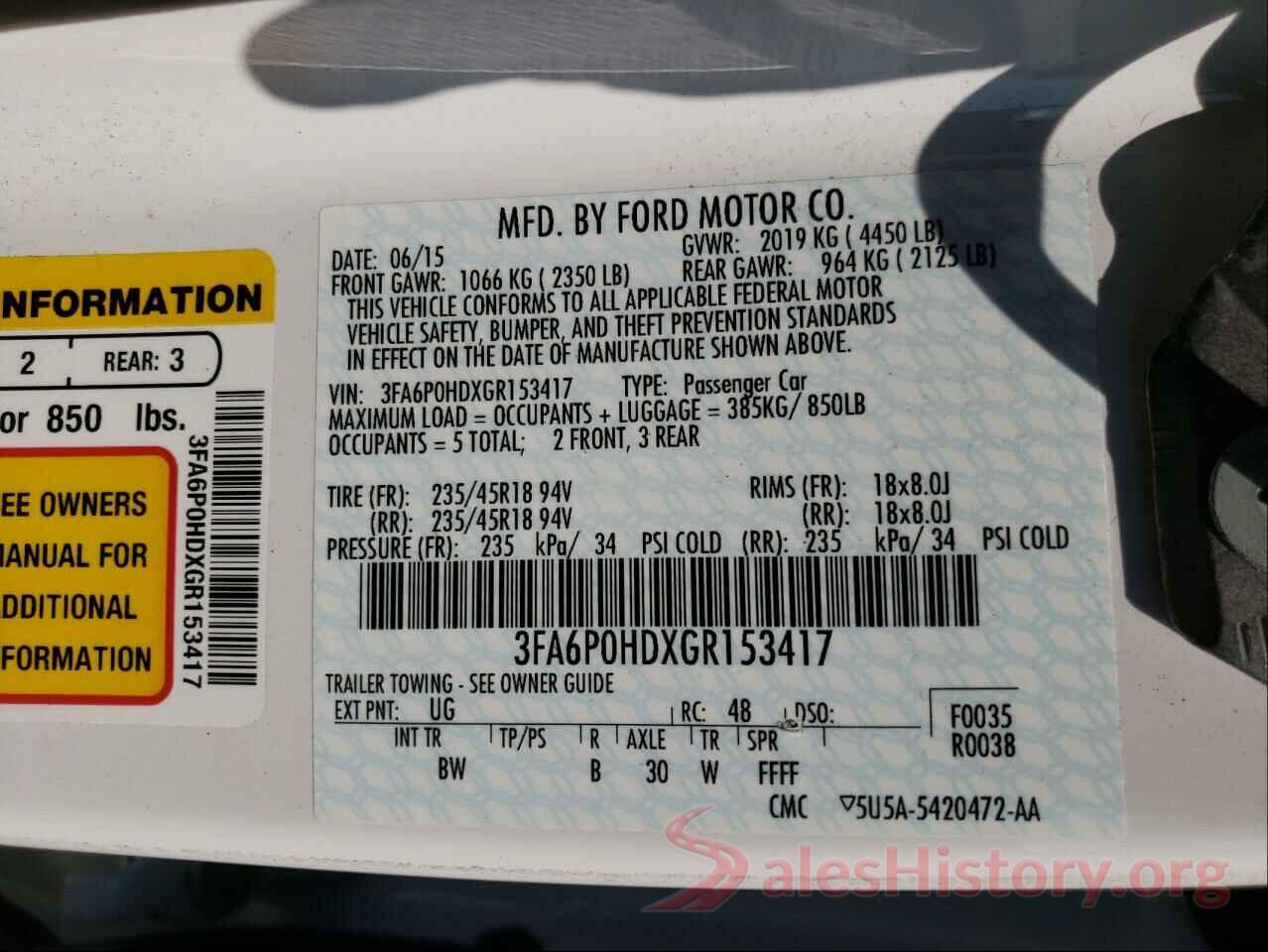 3FA6P0HDXGR153417 2016 FORD FUSION