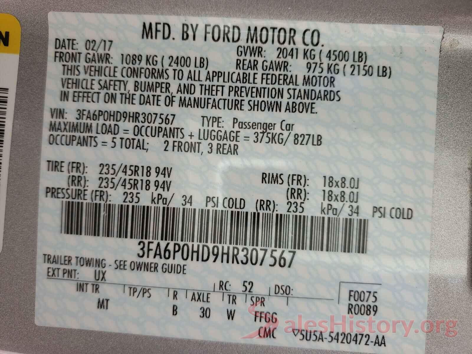 3FA6P0HD9HR307567 2017 FORD FUSION