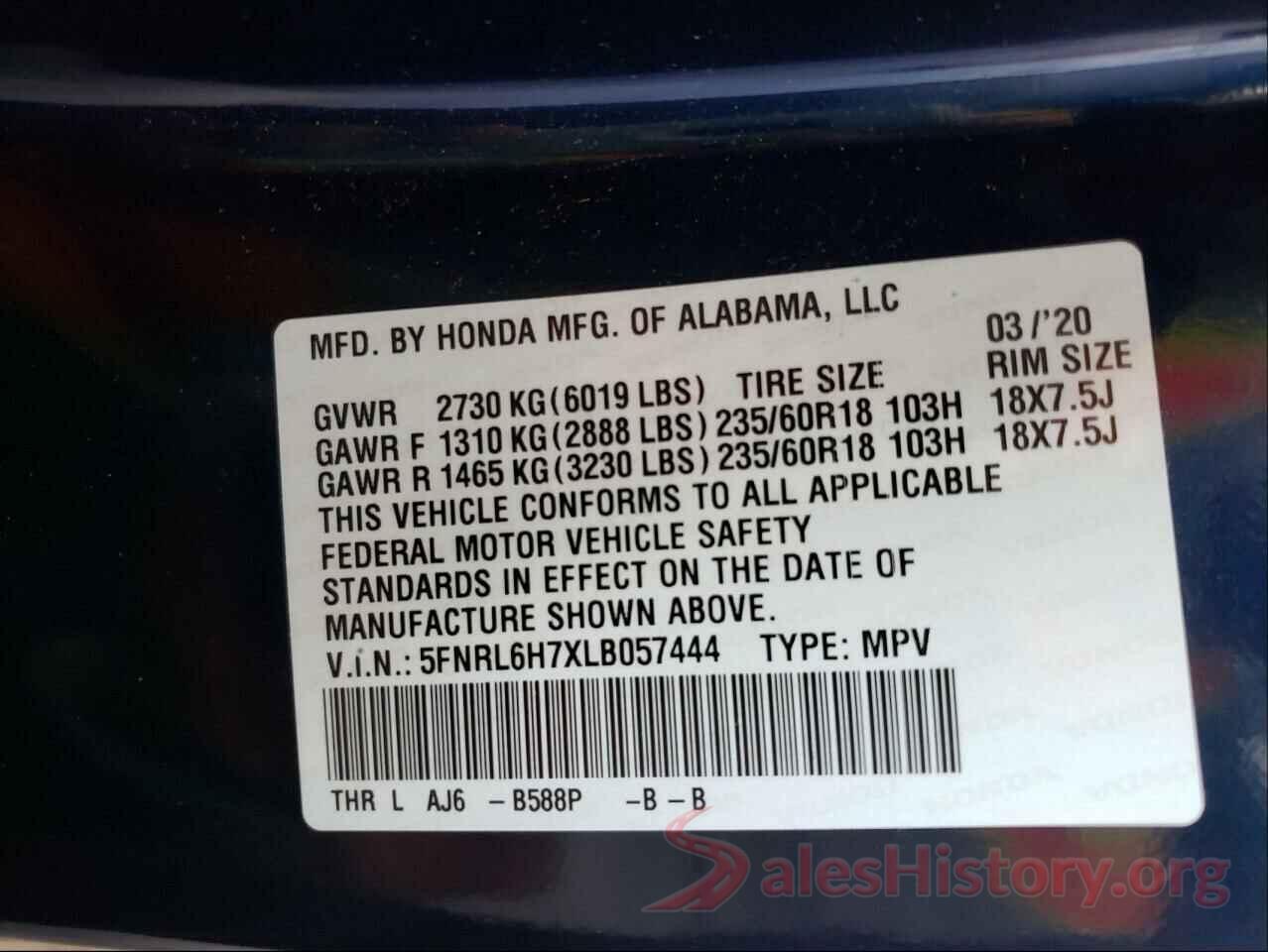 5FNRL6H7XLB057444 2020 HONDA ODYSSEY