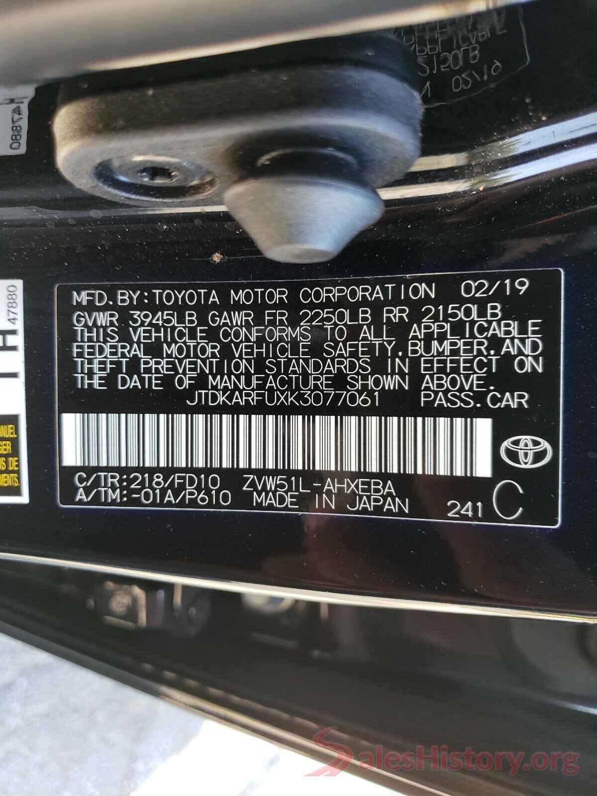 JTDKARFUXK3077061 2019 TOYOTA PRIUS