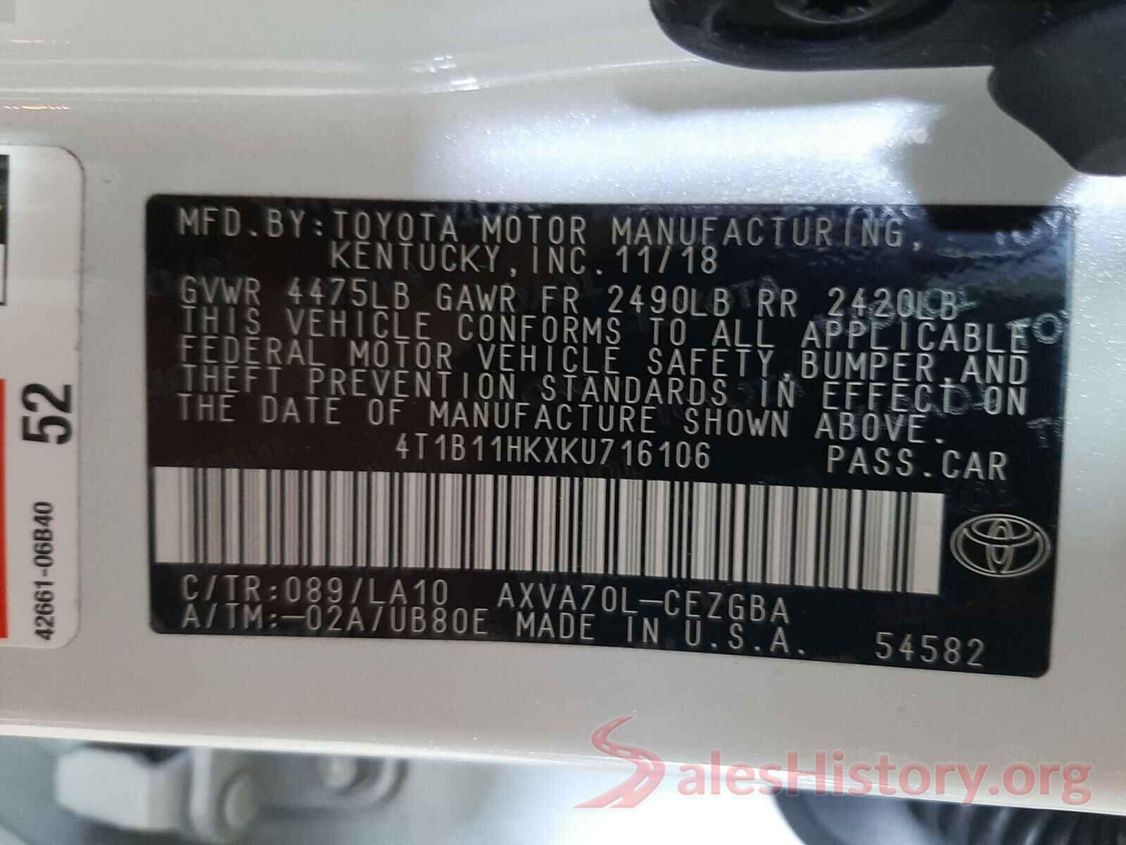 4T1B11HKXKU716106 2019 TOYOTA CAMRY