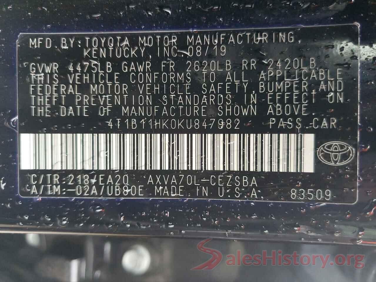 4T1B11HK0KU847982 2019 TOYOTA CAMRY