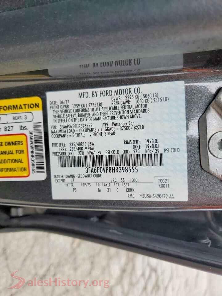 2017 FORD FUSION VIN 3FA6P0VP8HR398555, wheel and tire
