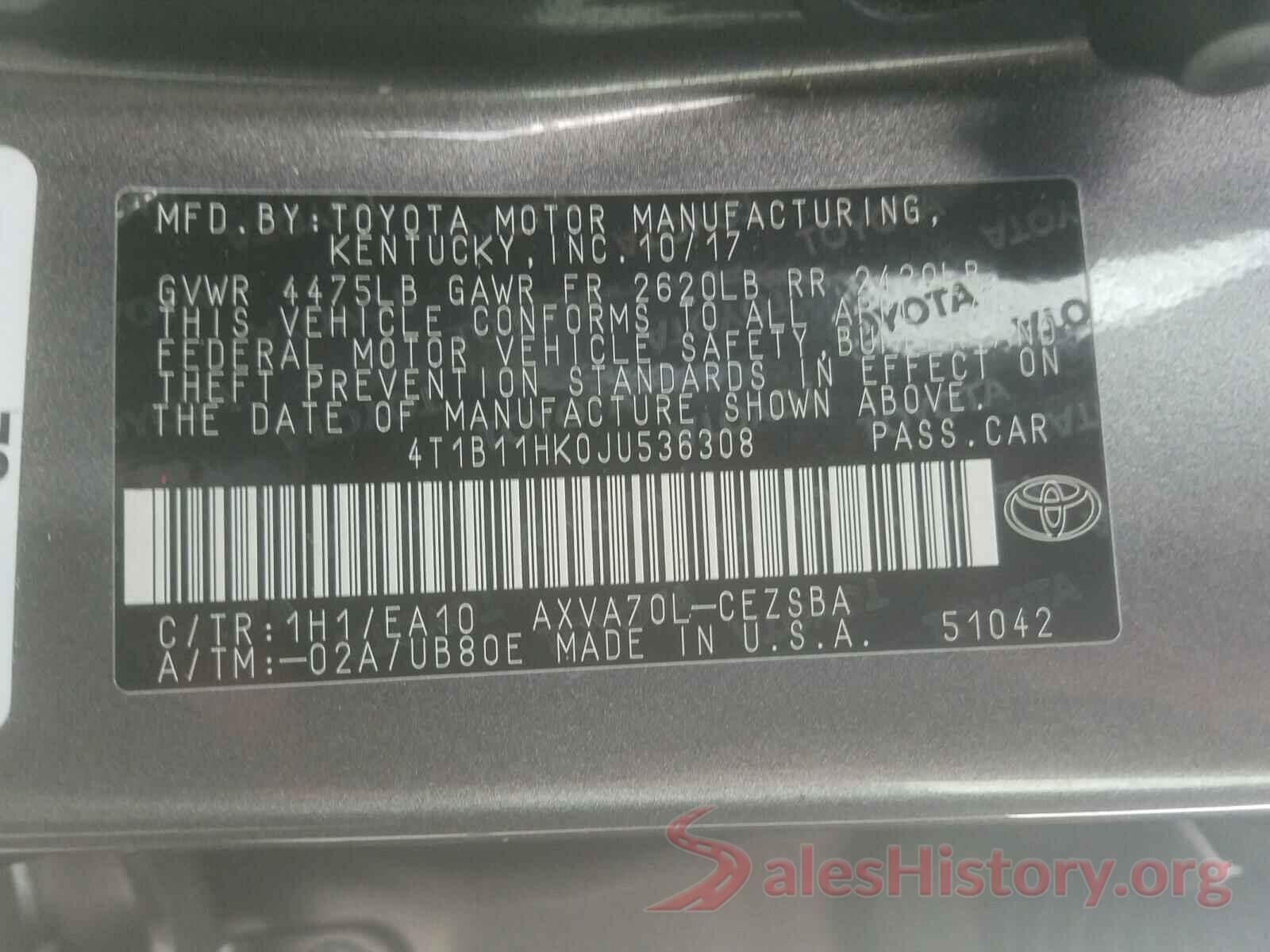 4T1B11HK0JU536308 2018 TOYOTA CAMRY