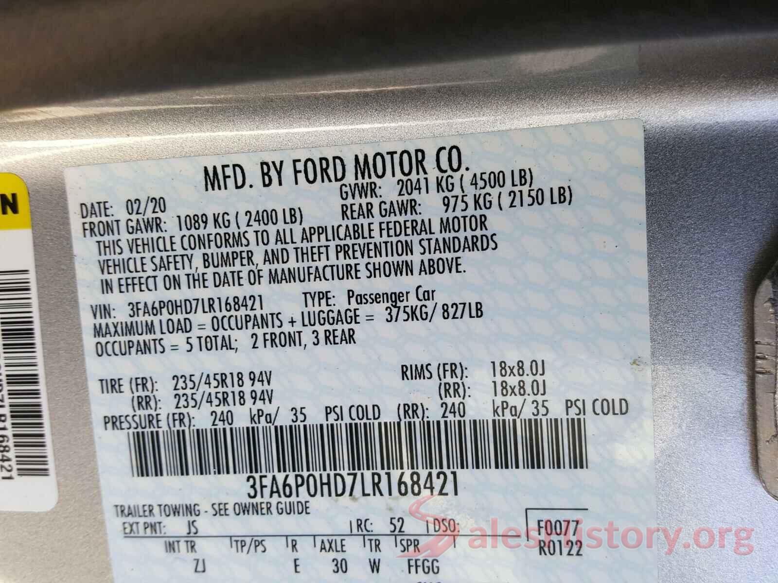 3FA6P0HD7LR168421 2020 FORD FUSION