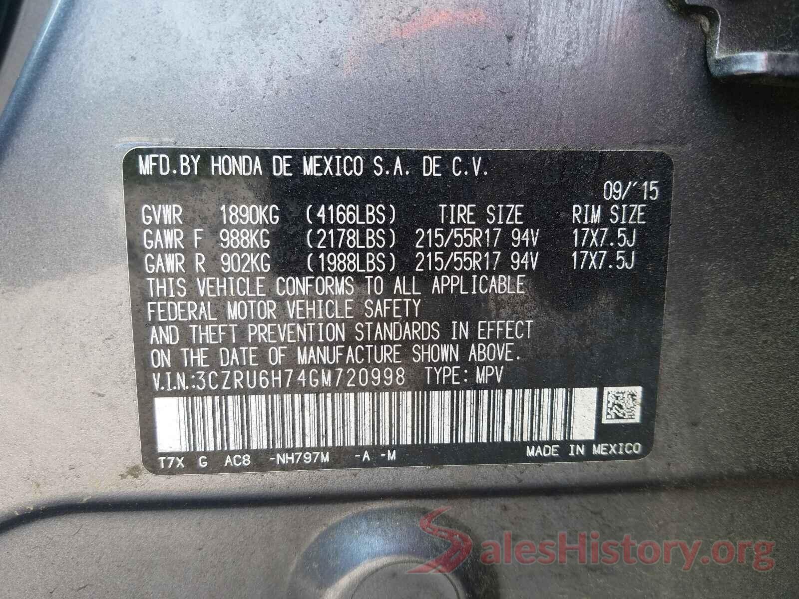 3CZRU6H74GM720998 2016 HONDA HR-V