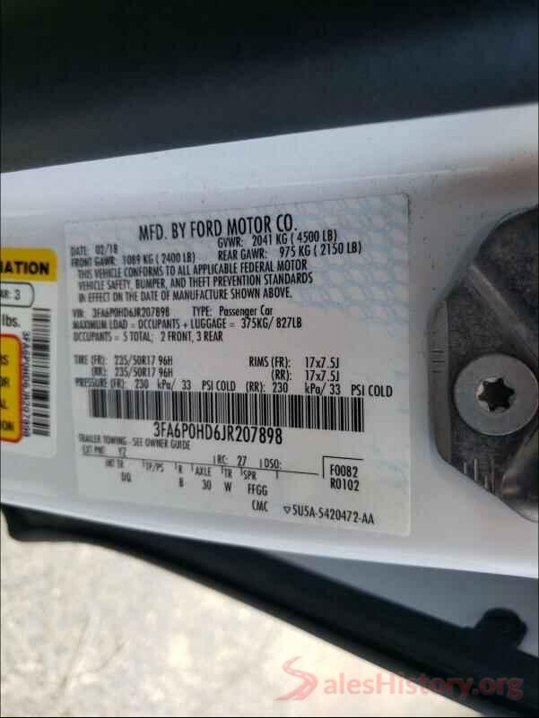 3FA6P0HD6JR207898 2018 FORD FUSION