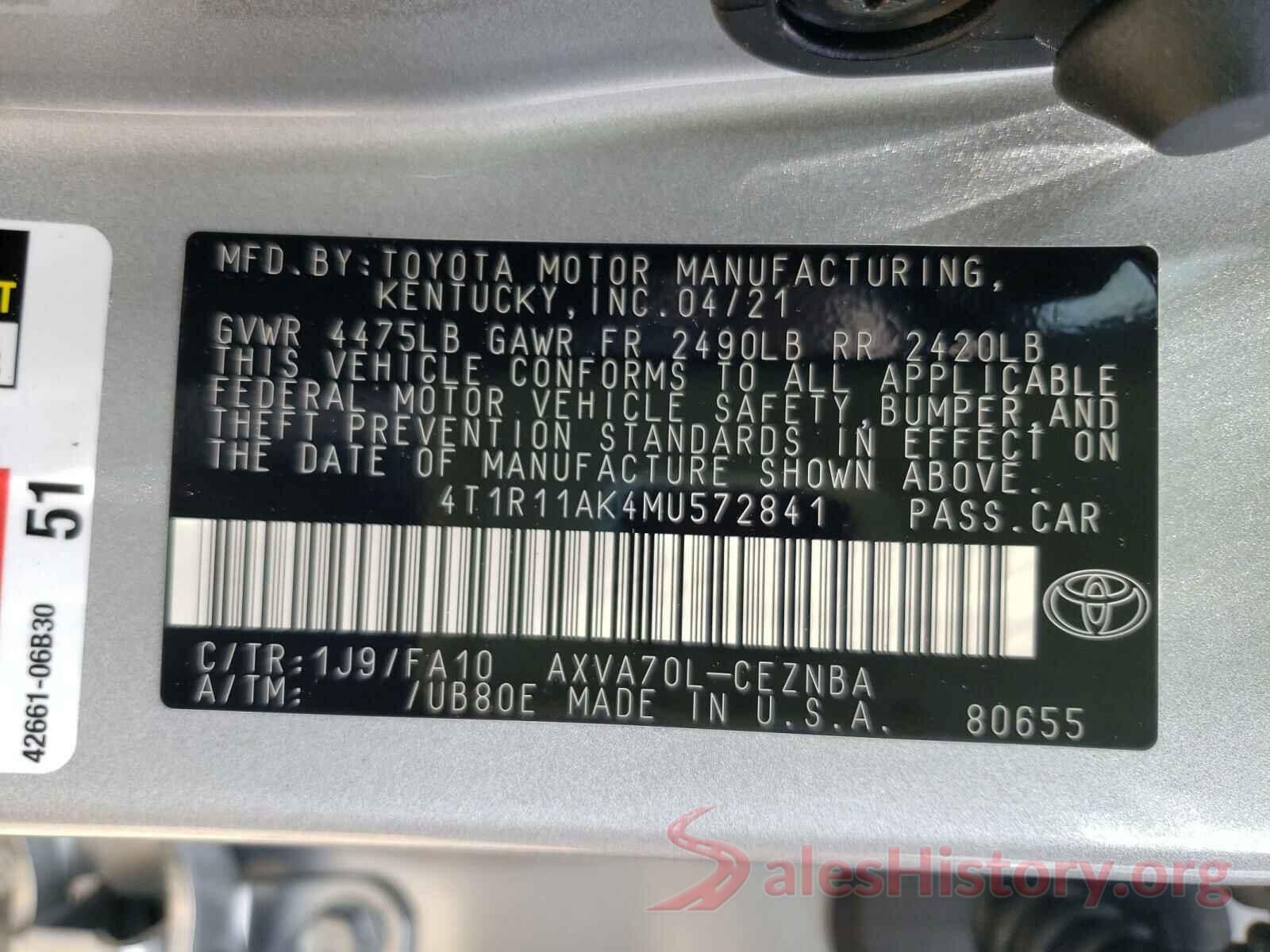 4T1R11AK4MU572841 2021 TOYOTA CAMRY