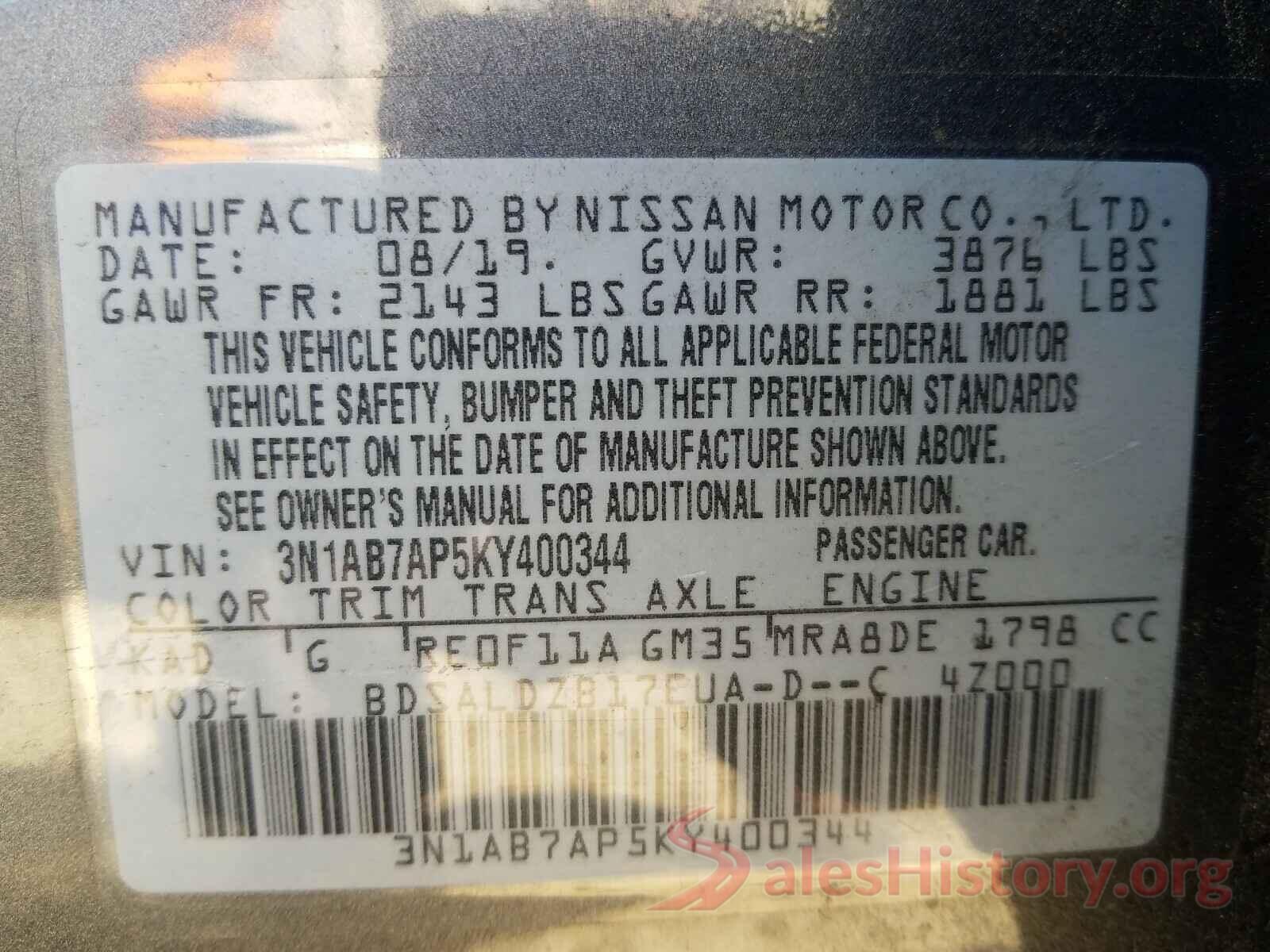 3N1AB7AP5KY400344 2019 NISSAN SENTRA