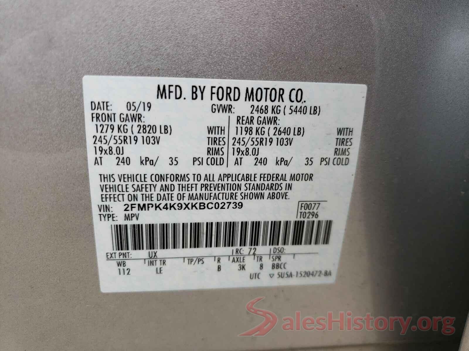 2FMPK4K9XKBC02739 2019 FORD EDGE