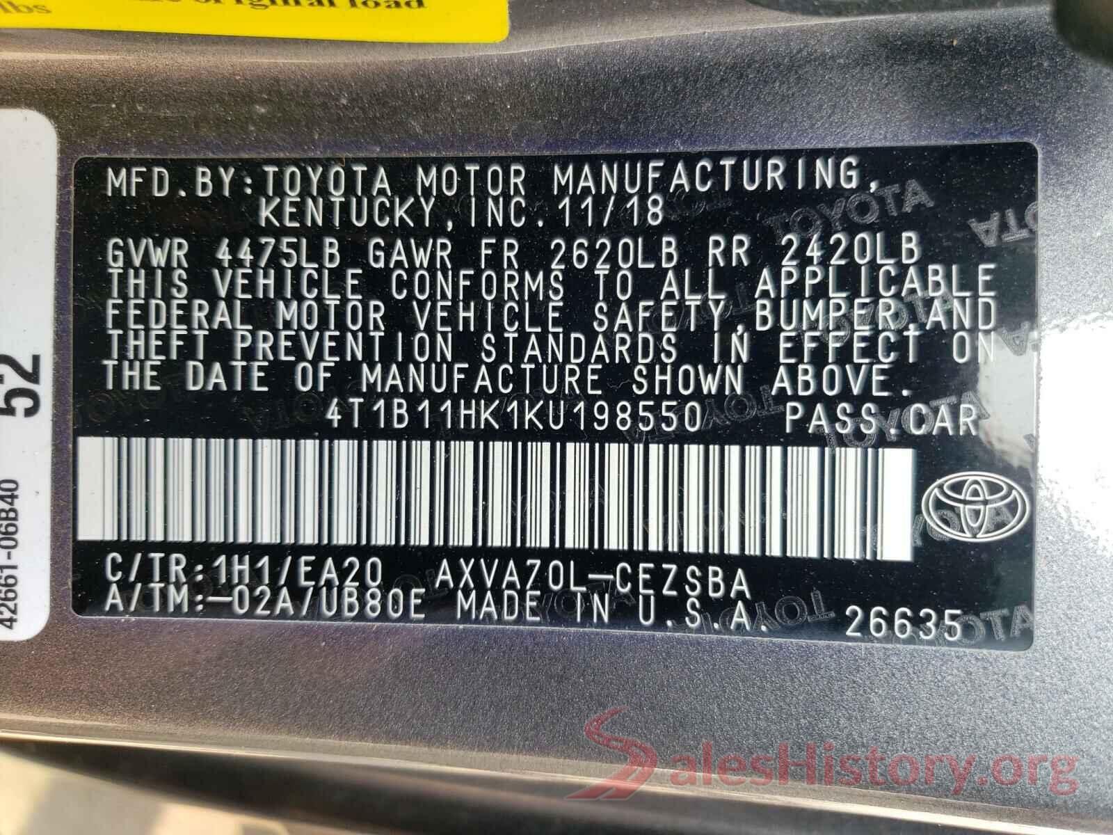 4T1B11HK1KU198550 2019 TOYOTA CAMRY