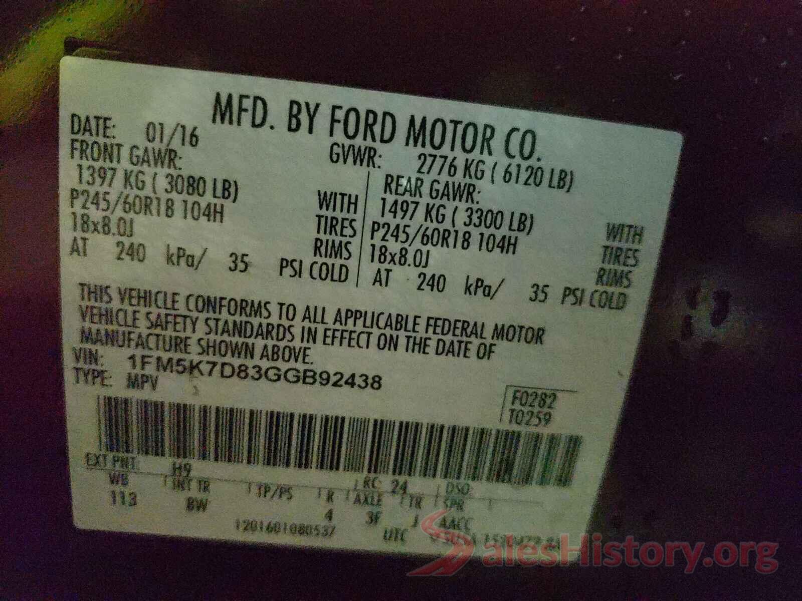 1FM5K7D83GGB92438 2016 FORD EXPLORER