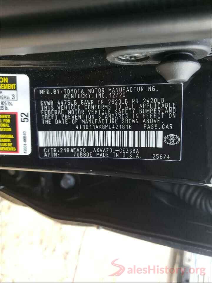 4T1G11AK8MU421816 2021 TOYOTA CAMRY