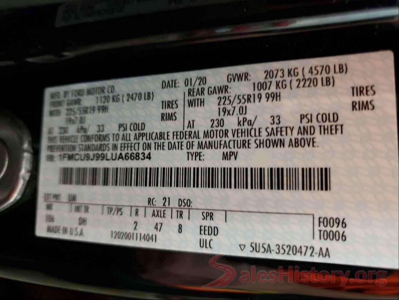 1FMCU9J99LUA66834 2020 FORD ESCAPE