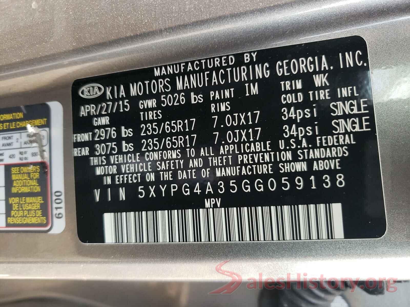 5XYPG4A35GG059138 2016 KIA SORENTO