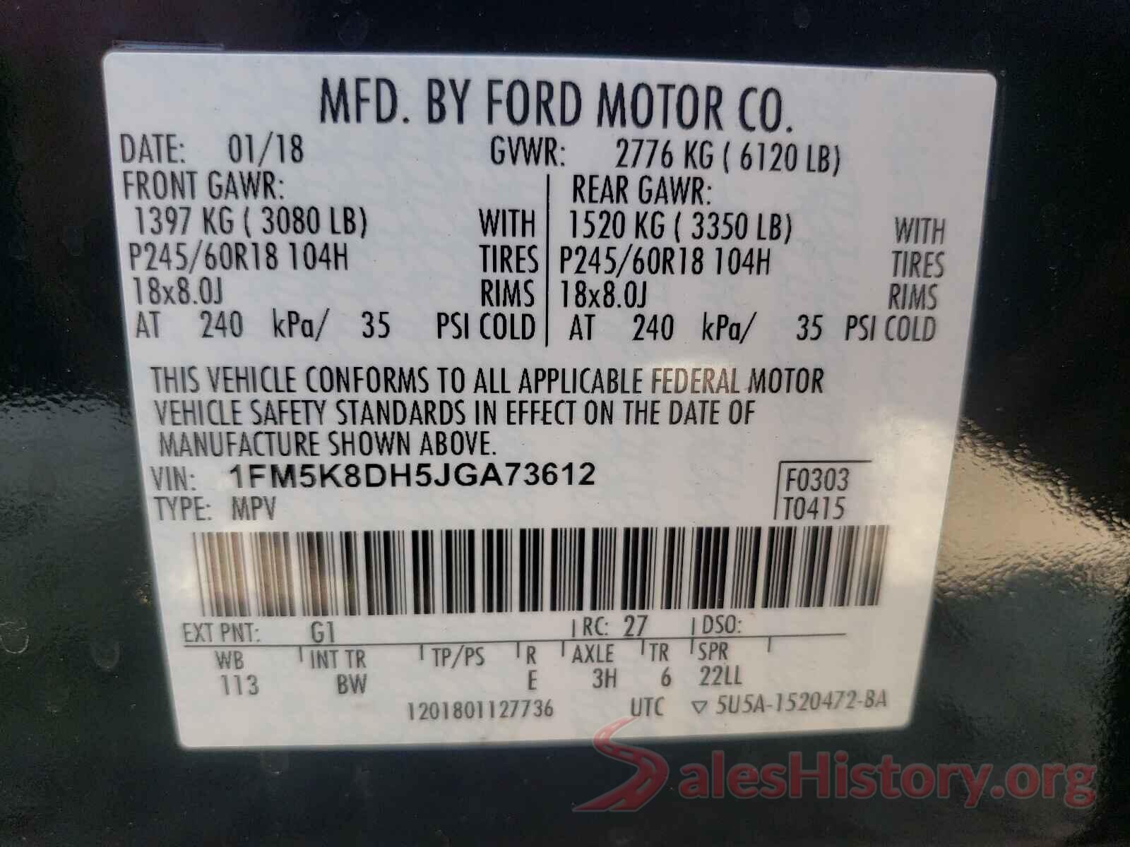 1FM5K8DH5JGA73612 2018 FORD EXPLORER