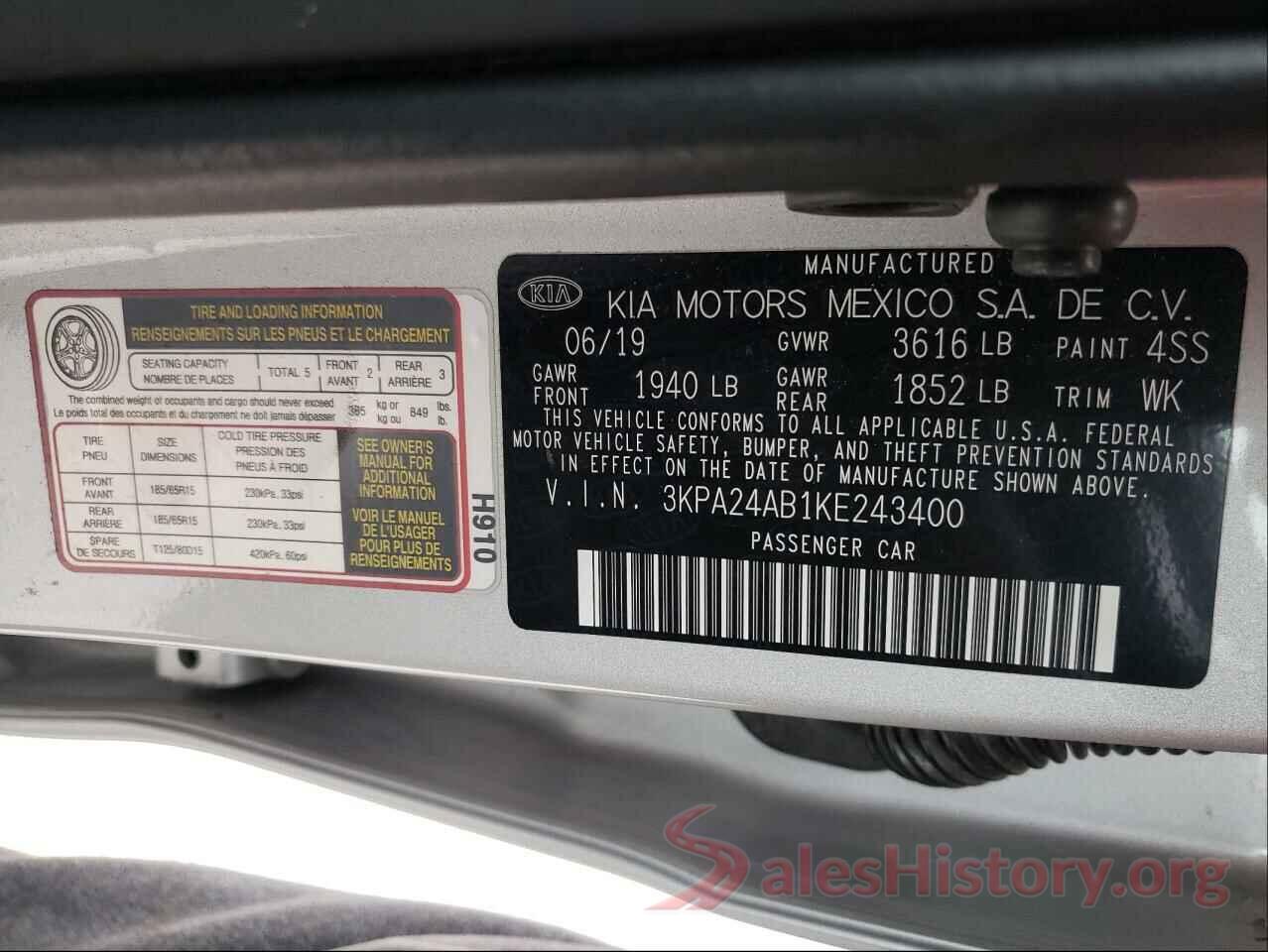 3KPA24AB1KE243400 2019 KIA RIO