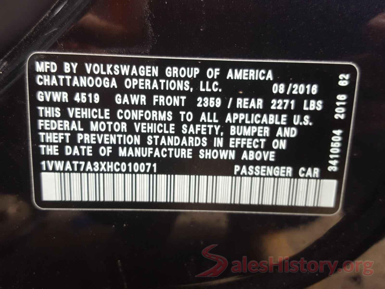 1VWAT7A3XHC010071 2017 VOLKSWAGEN PASSAT