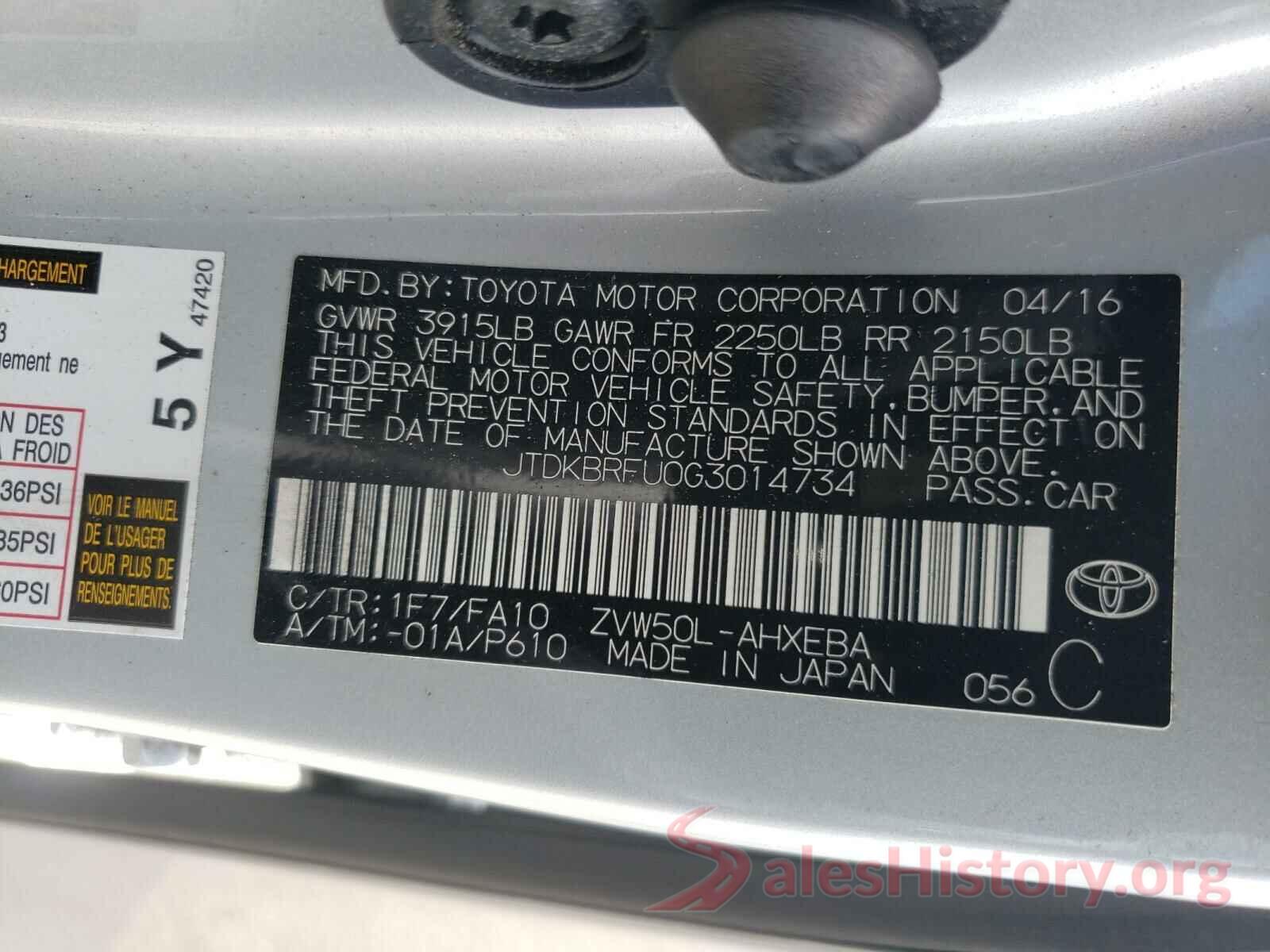 JTDKBRFU0G3014734 2016 TOYOTA PRIUS