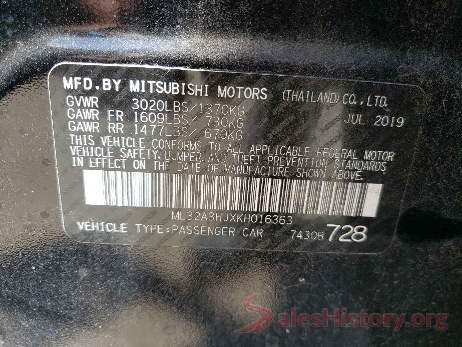 ML32A3HJXKH016363 2019 MITSUBISHI MIRAGE