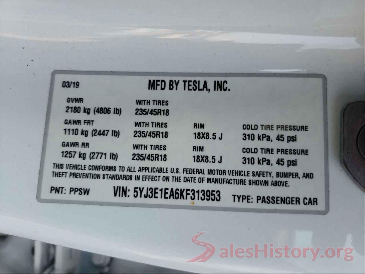 5YJ3E1EA6KF313953 2019 TESLA MODEL 3