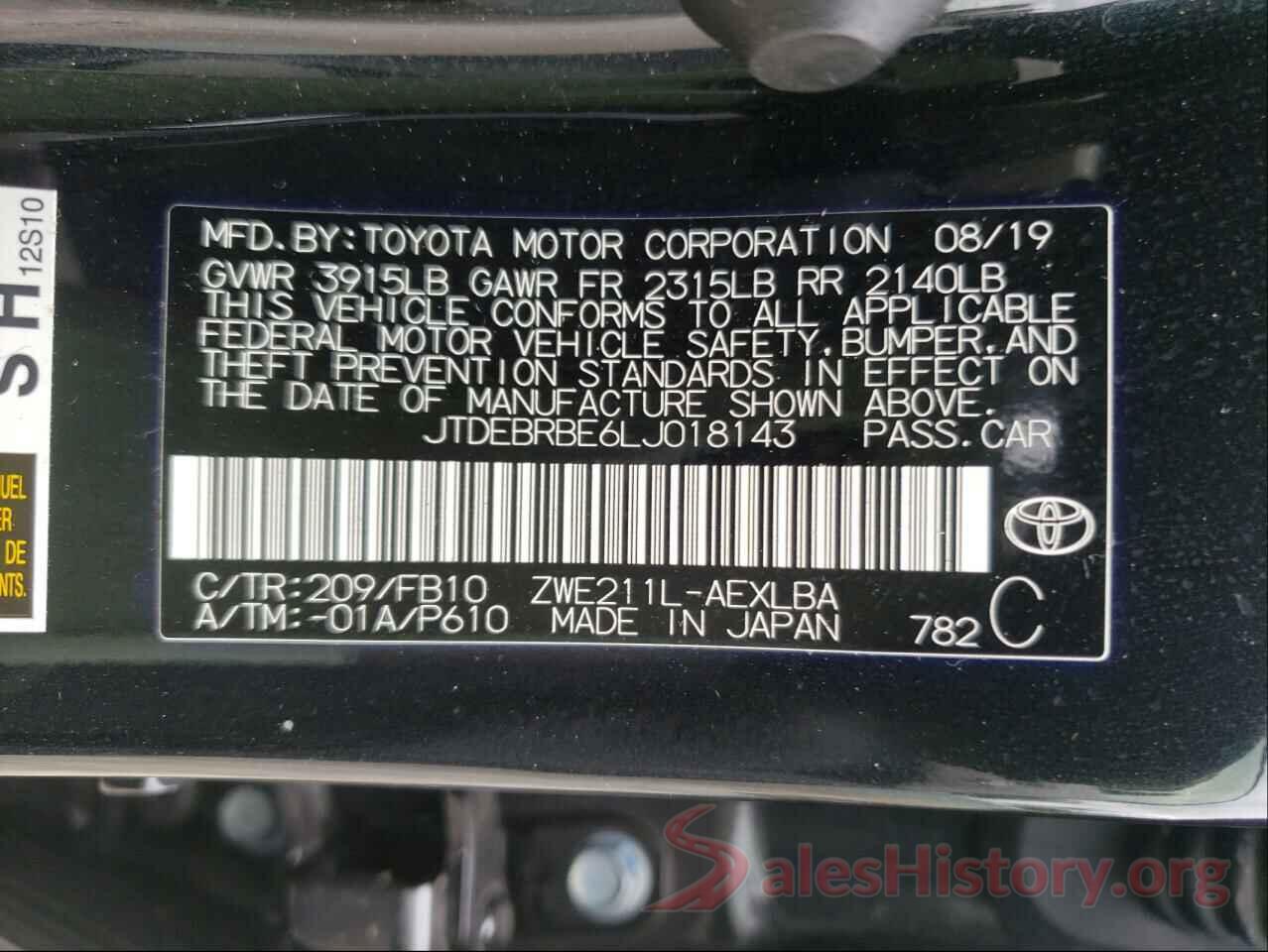 JTDEBRBE6LJ018143 2020 TOYOTA COROLLA