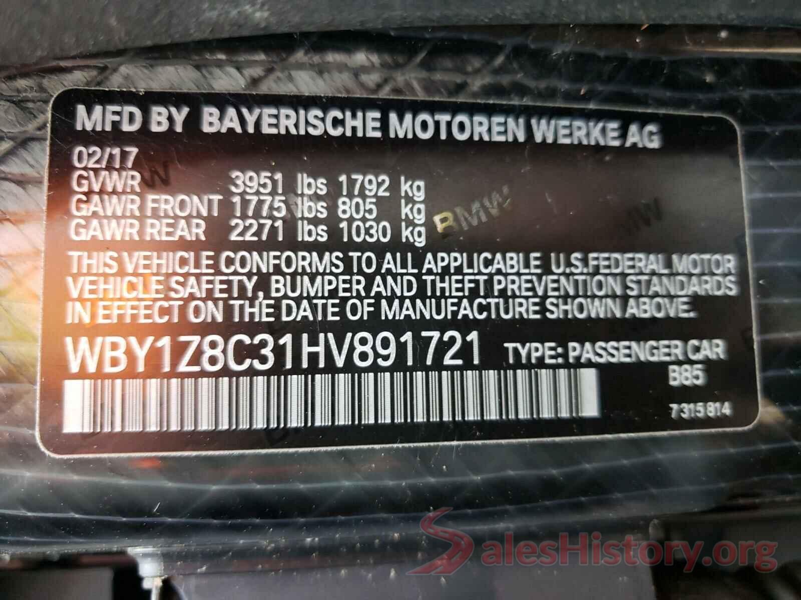 WBY1Z8C31HV891721 2017 BMW I SERIES