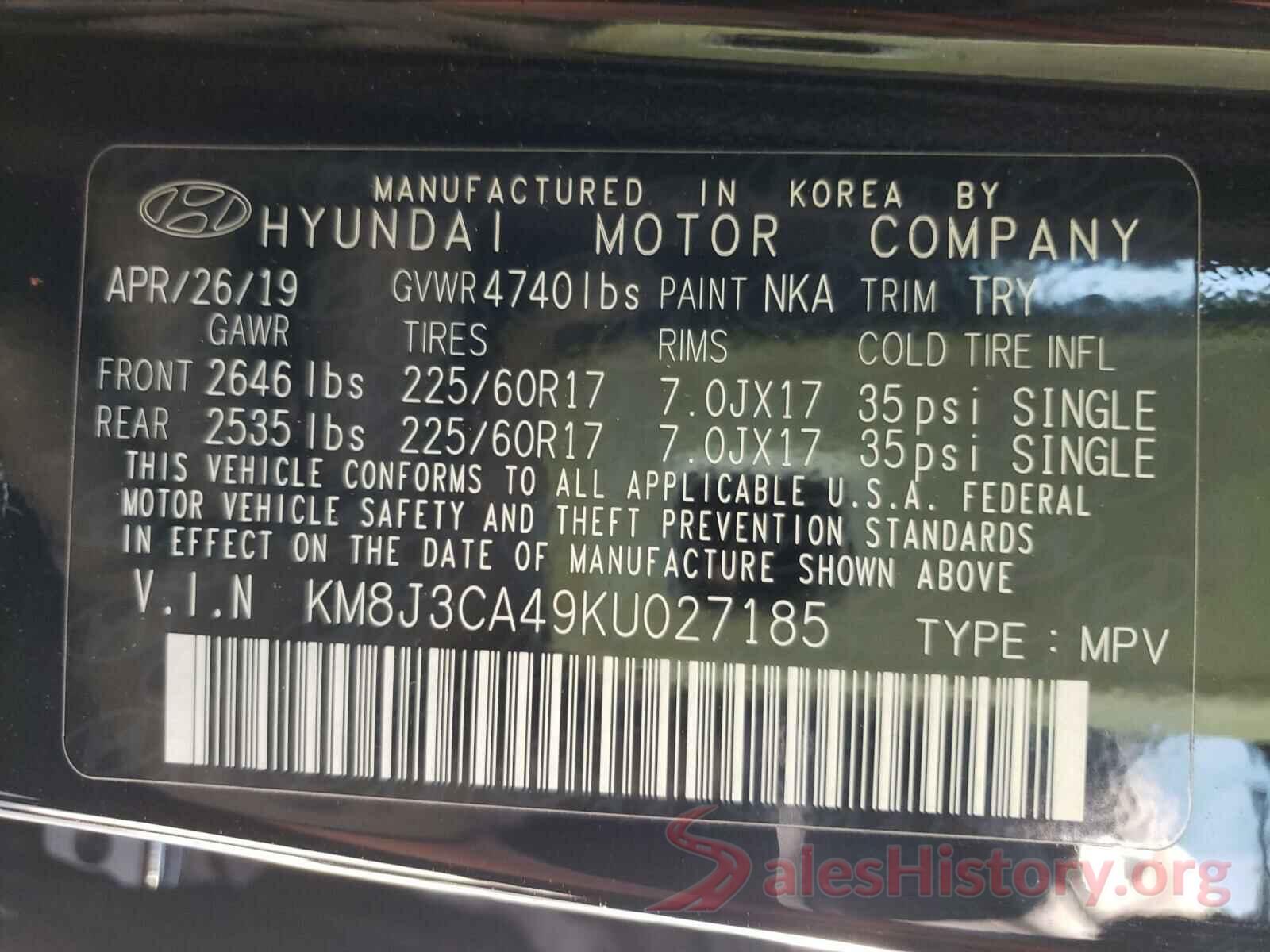 KM8J3CA49KU027185 2019 HYUNDAI TUCSON