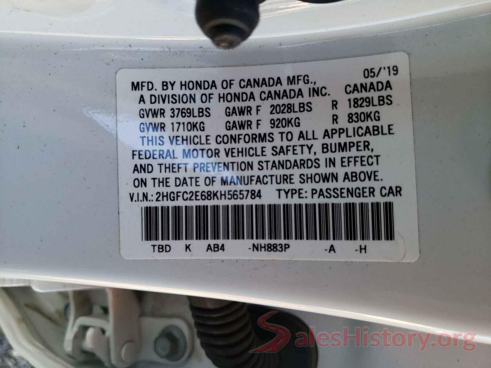 2HGFC2E68KH565784 2019 HONDA CIVIC