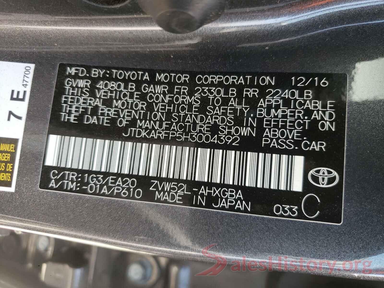 JTDKARFP5H3004392 2017 TOYOTA PRIUS