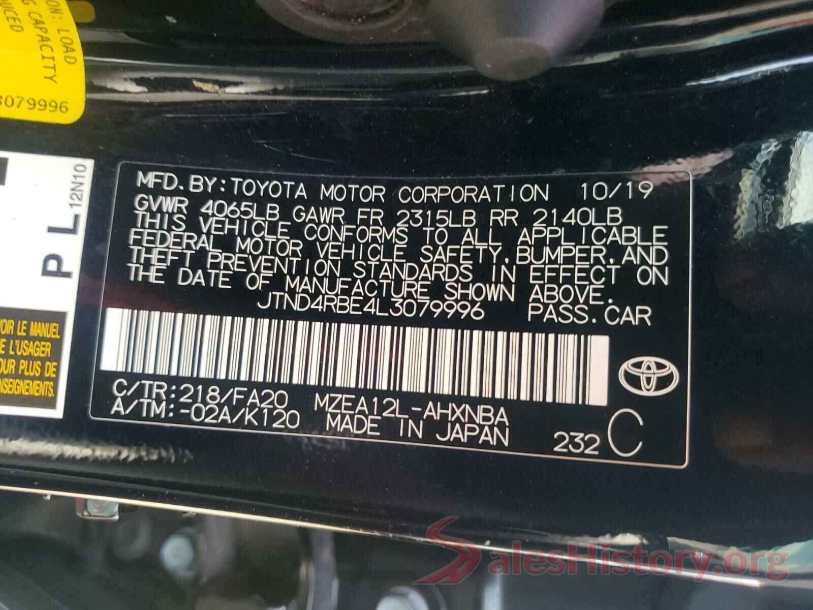 JTND4RBE4L3079996 2020 TOYOTA COROLLA