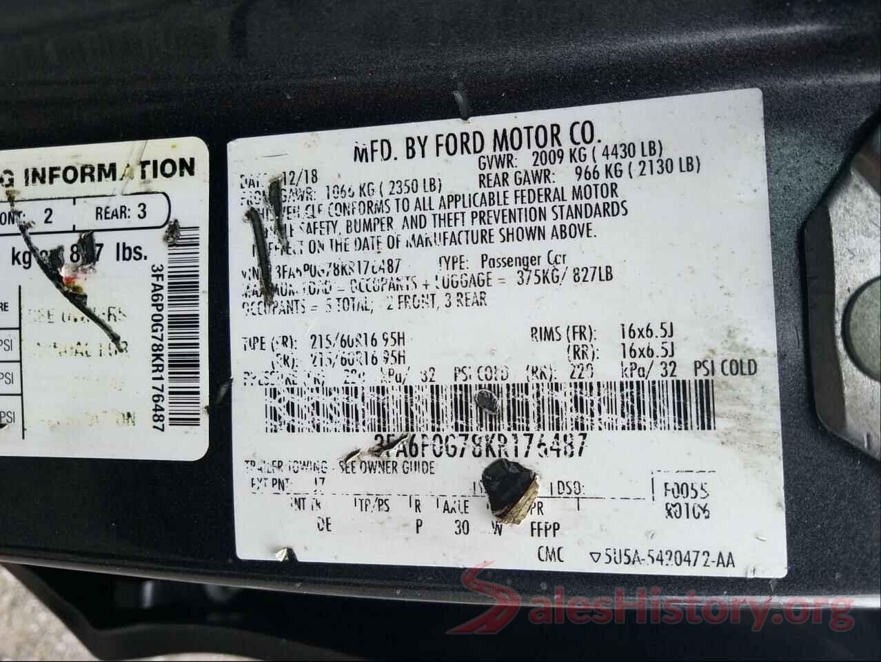 3FA6P0G78KR176487 2019 FORD FUSION