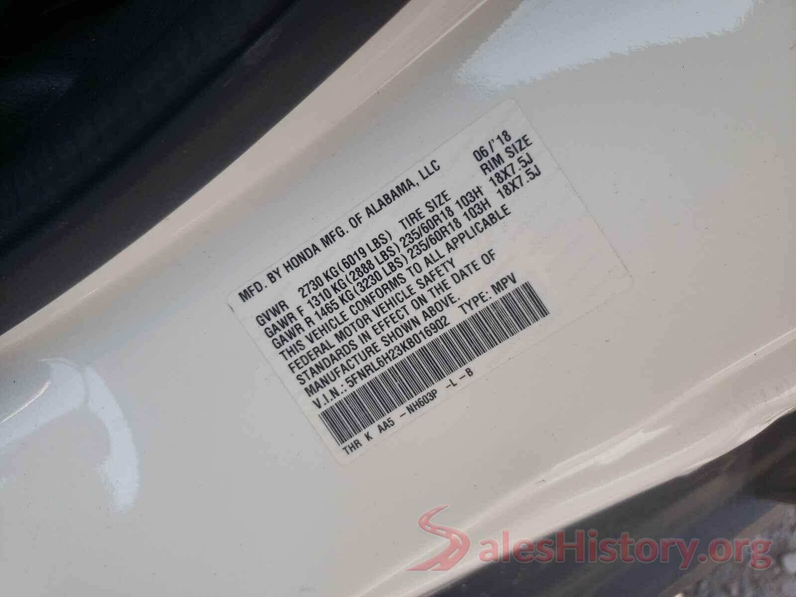 5FNRL6H23KB016902 2019 HONDA ODYSSEY