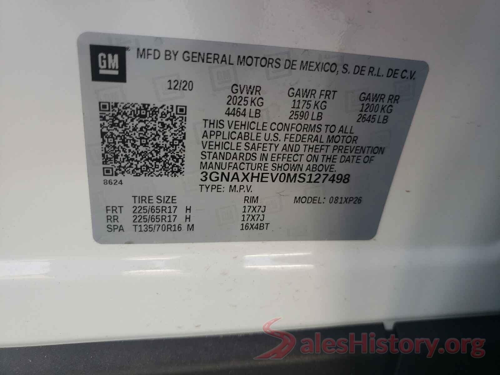 3GNAXHEV0MS127498 2021 CHEVROLET EQUINOX