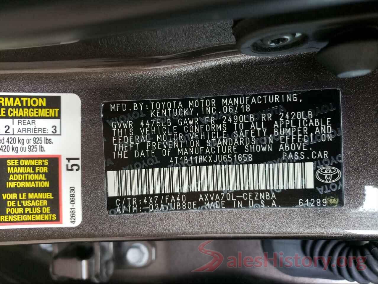 4T1B11HKXJU651658 2018 TOYOTA CAMRY