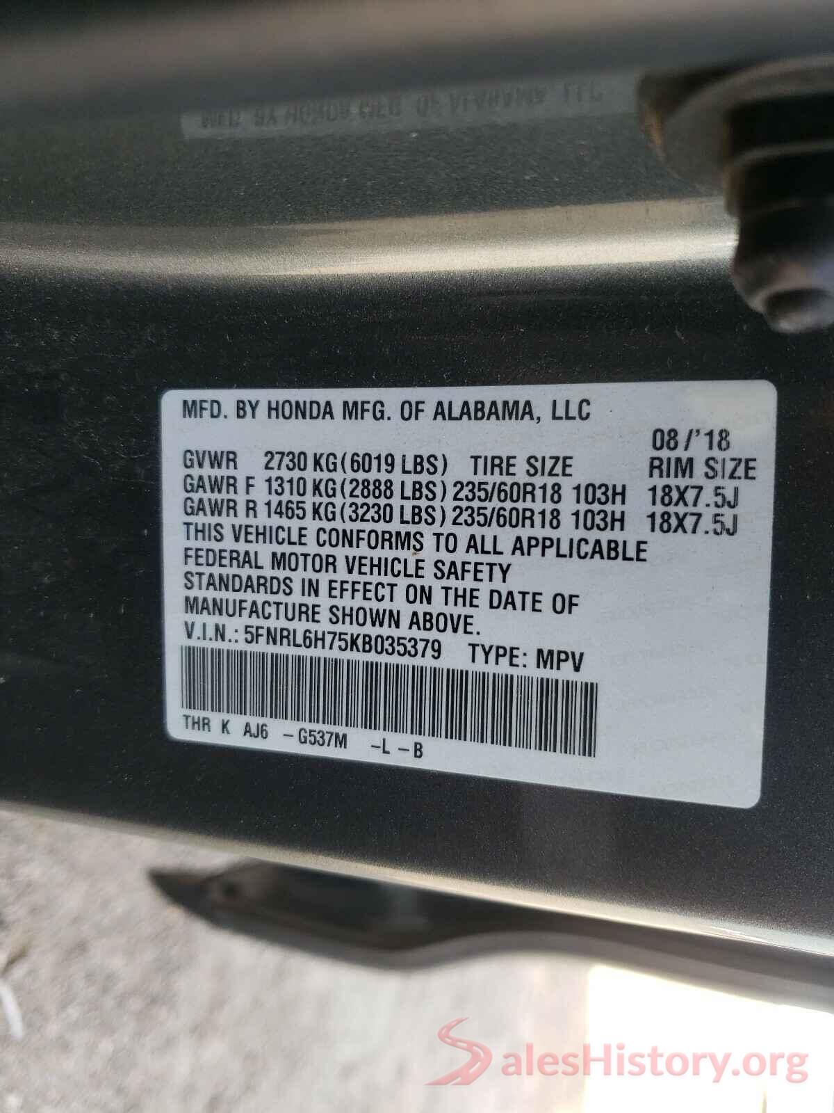 5FNRL6H75KB035379 2019 HONDA ODYSSEY