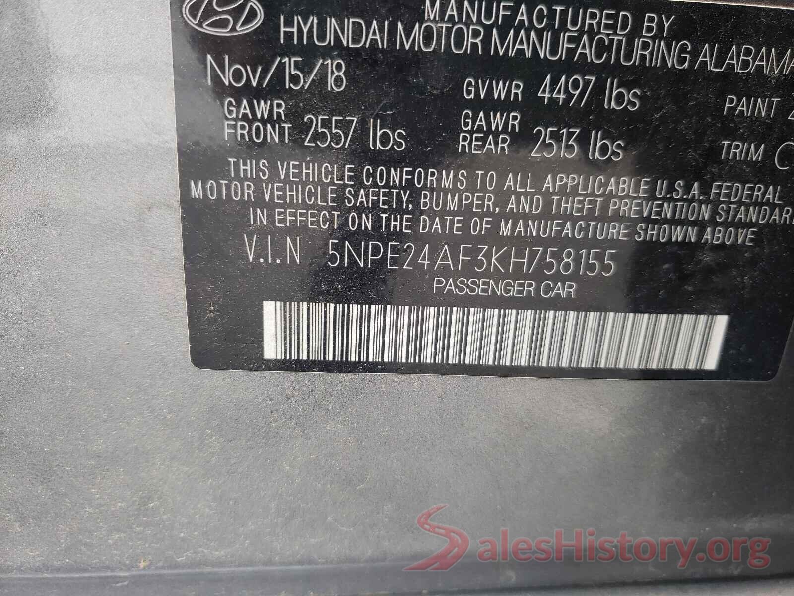 5NPE24AF3KH758155 2019 HYUNDAI SONATA