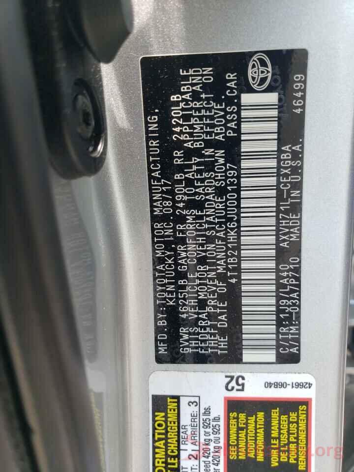 4T1B21HK6JU001397 2018 TOYOTA CAMRY