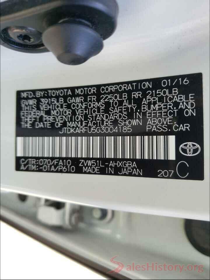 JTDKARFU5G3004185 2016 TOYOTA PRIUS