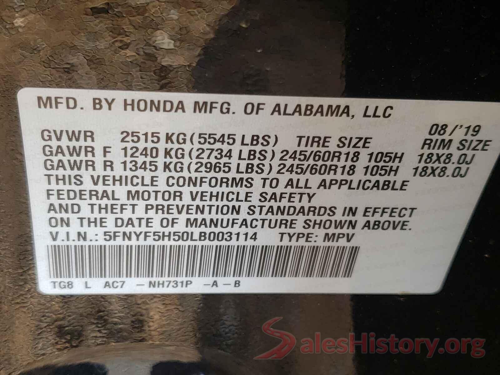 5FNYF5H50LB003114 2020 HONDA PILOT