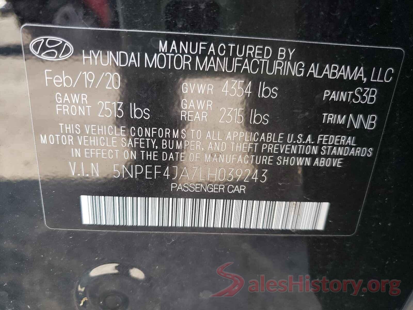 5NPEF4JA7LH039243 2020 HYUNDAI SONATA