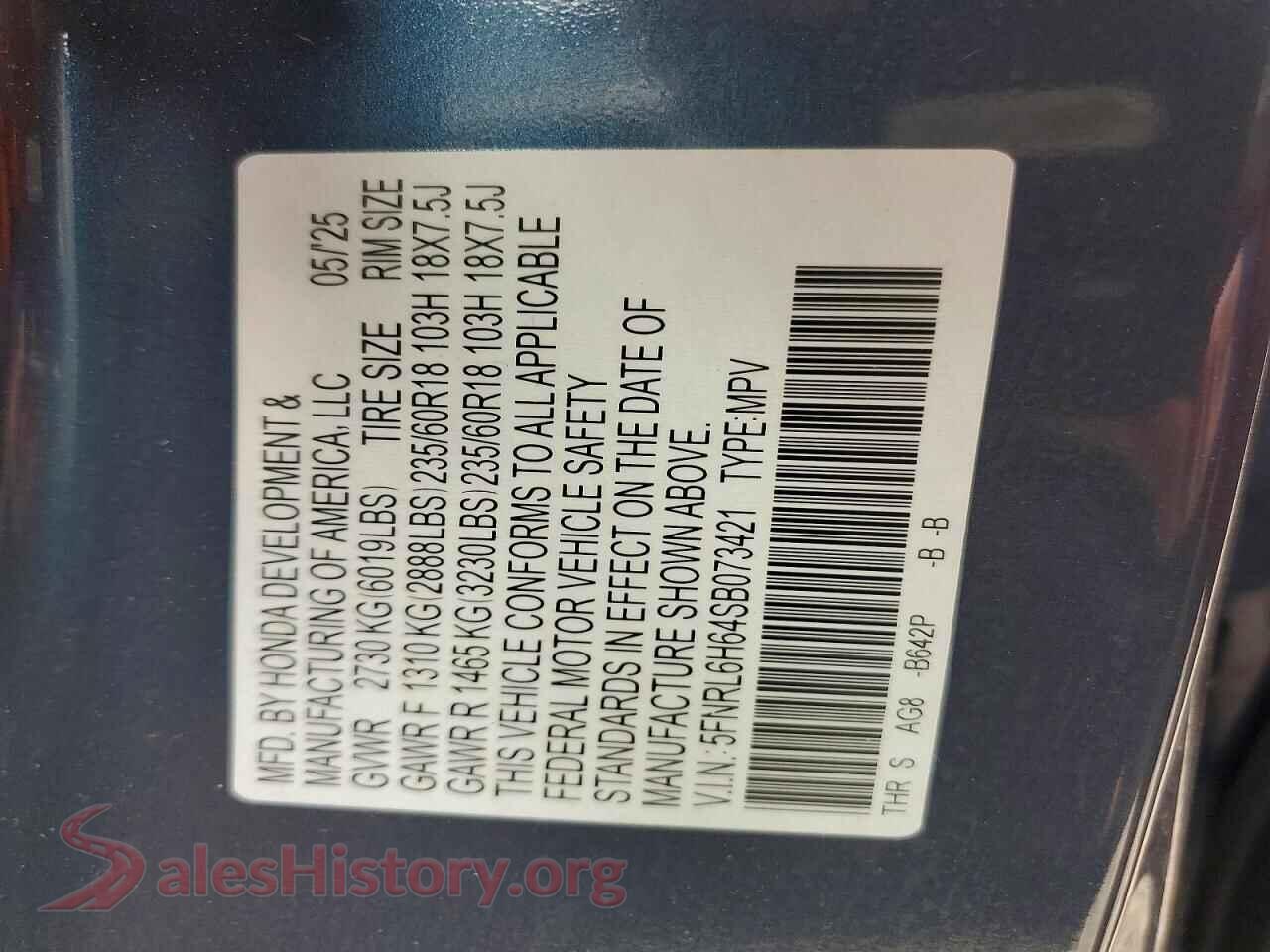 2025 HONDA ODYSSEY VIN 5FNRL6H64SB073421, damage close-up