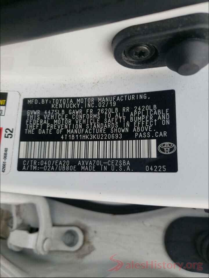 4T1B11HK3KU220693 2019 TOYOTA CAMRY