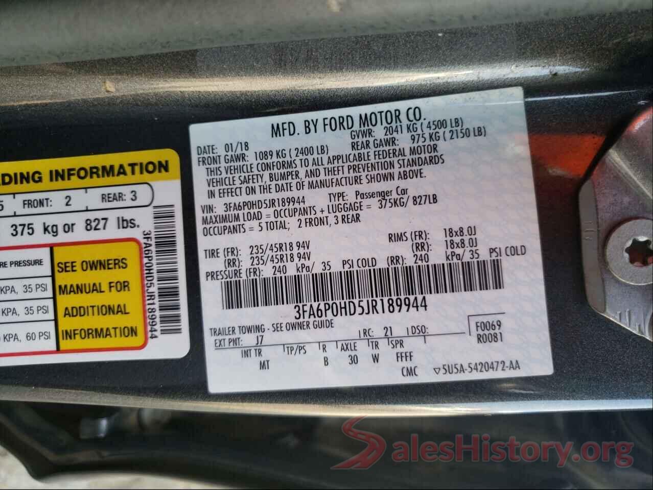 3FA6P0HD5JR189944 2018 FORD FUSION