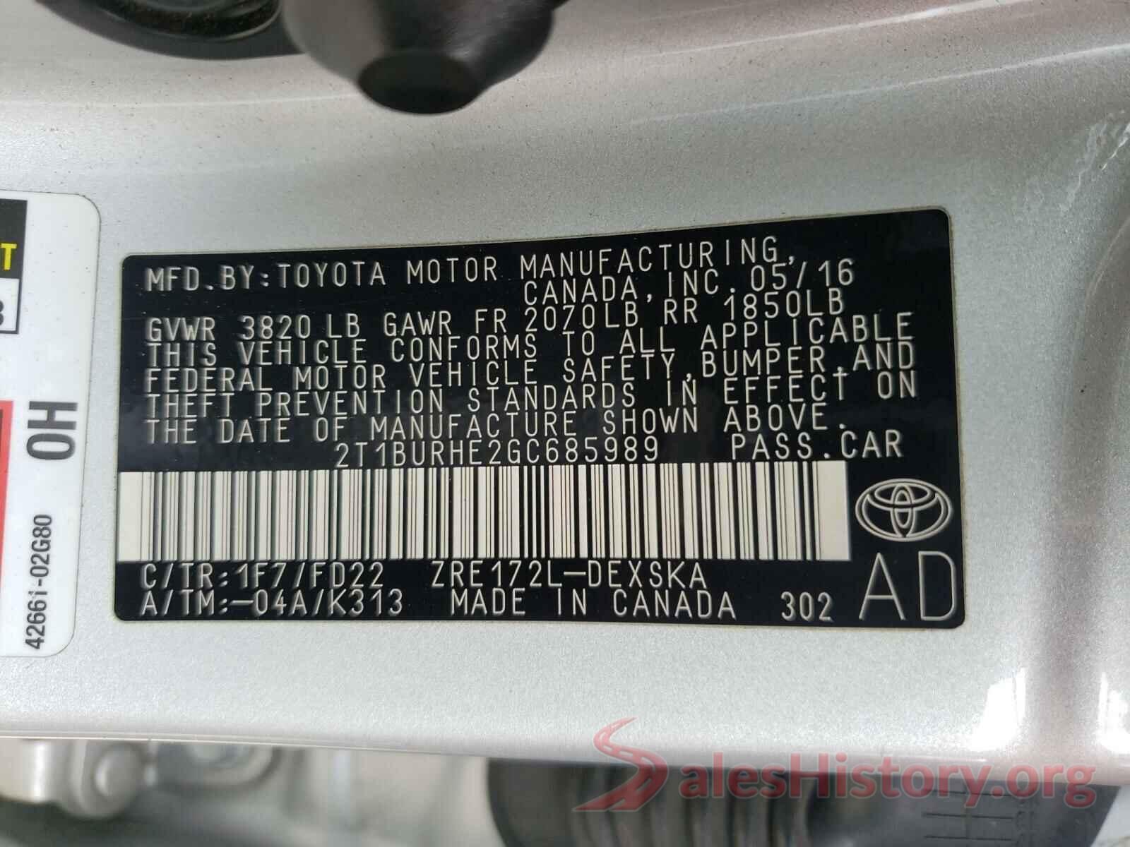 2T1BURHE2GC685989 2016 TOYOTA COROLLA