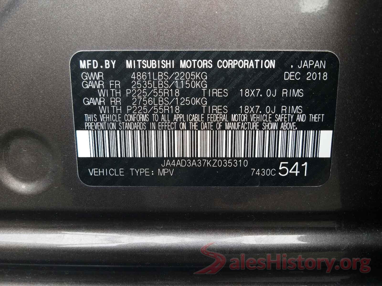 JA4AD3A37KZ035310 2019 MITSUBISHI OUTLANDER