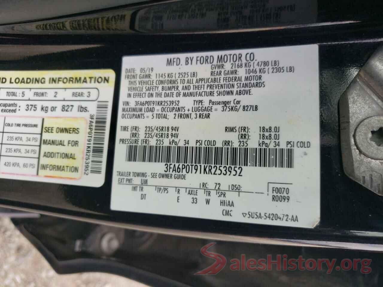 3FA6P0T91KR253952 2019 FORD FUSION